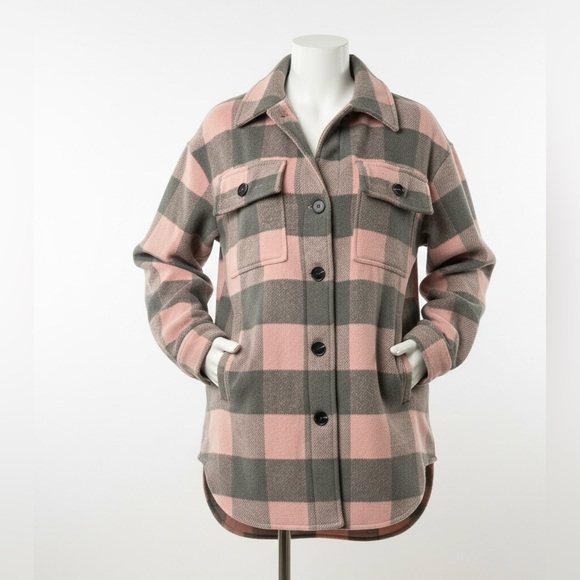 BiBi $58 Pink & Gray Buffalo Plaid Shacket M w Pockets! EUC factory flaw on back - Picture 1 of 11